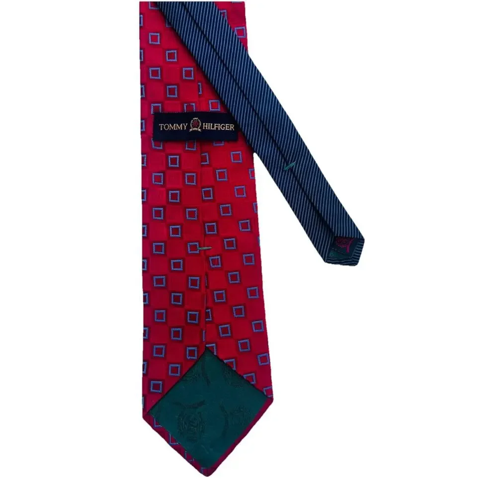 Tommy Hilfiger Men’s Geometric Silk Red Blue Tie Preppy Classic 3.5 x 59.5